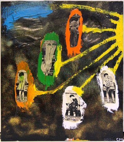 Sun Energy Lights Up Mother Popcorn, 2012, oil, holographic glitter, collage on canvas, 137,2 x 124,5 cm
