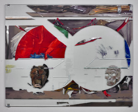 Dierk Schmidt, Untitled (Human Remains in Berlin), 2014/15 Oil, tape on glass (Diptychon) 80 x 100 cm each