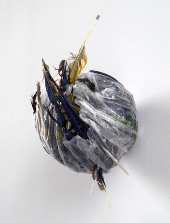 Michael E. Smith, Tucan Sam, 2013, feathers, ball, plastic, 47 x 23 x 25 cm 