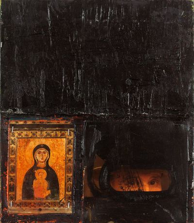 Chris Martin, Jesus, Mary, and Joseph, 1988, Oil, collage, latex on canvas, 31 x 36 cm, private collection
