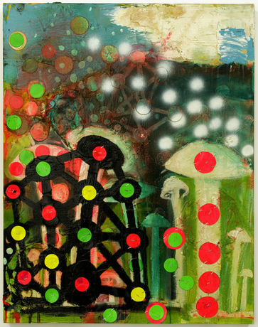 Chris Martin, Mushrooms, 2004 - 2008, Oil, collage and spray paint on canvas, 83,8 x 66 cm