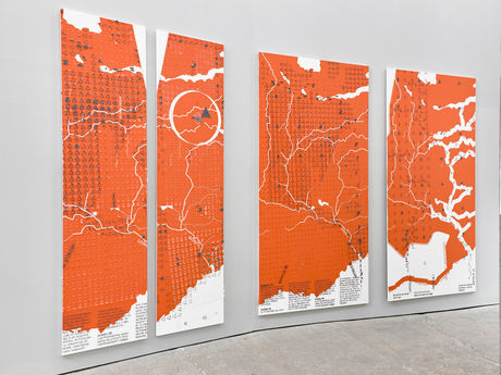 Dierk Schmidt, Die Teilung der Erde/ The Division of the Earth (Kasseler Serie/ Kassel Series), 2007 Acrylic, silicone on untreated cotton, oil on PVC foil Dimensions variable