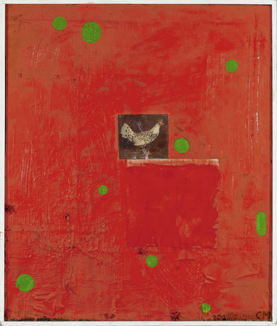 The Red Chicken, 2010/2012, oil, collage on canvas with wood frame, 149 x 129 cm