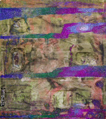 Dream Buffalo, 2014, acrylic, gel medium, glitter, collage on canvas, 223, 5 x 195,6 cm