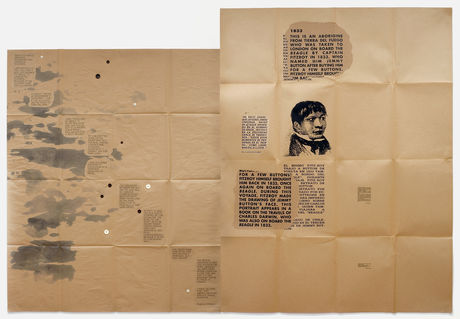 Eugenio Dittborn, Viajar, sin Embargo. Airmail Painting No. 178, 1986, Tincture, buttons, ink, photo silkscreen on 2 sections of kraft paper, 203.2 x 293.4cm