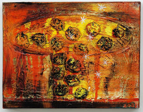 Chris Martin, Yellow Form (Giant Mushroom Cloud At The End Of The World), 2002-2008, oil, gel medium and collaged apricots on canvas, 27,9 x 35,6 cm
